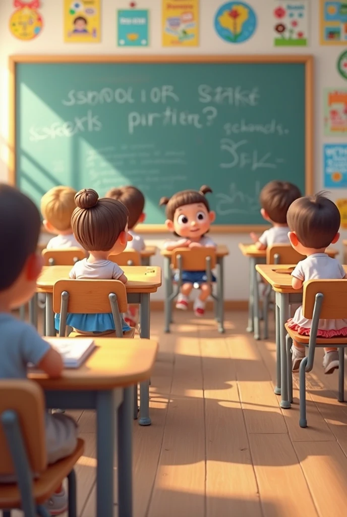 Create a 3D cute and imaginative "Back to School" scene where a supermarket filled with baking and beverage tools has transformed into a lively classroom. The tools and ingredients, like whisks, mixers, rolling pins, and syrup bottles, are personified as students. Each one has a face, arms, and legs, dressed in colorful school uniforms. The shopping aisles have been turned into classroom rows, with the tools sitting attentively on shelves that resemble desks. The blackboard at the front of the class features baking recipes and formulas, while a giant rolling pin serves as the teacher's pointer. Natural light filters through large windows, casting a warm and cheerful glow across the scene, emphasizing the playful and welcoming atmosphere.