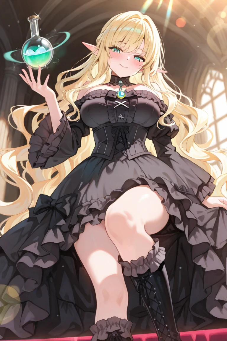 (smiling),masterpiece, best quality, blue eyes,1girl, (long drill hairstyle:1.5),blonde,full body ,ojou-sama pose,(black dress),,,,,, bangs, bare shoulders, blue_eyes, breasts, brown_legwear, cleavage, hair ornament, long_hair, looking_at_viewer, medium breasts, solo ,full body, curly hair, (drill hair), long hair, ringlets, , <lora:more_details:0.5>( AS-Adult:1.5)
<lora:zoom_slider_v1:1>