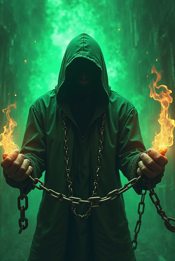 A shadow of darkness On its knees tied to many chains of green glow