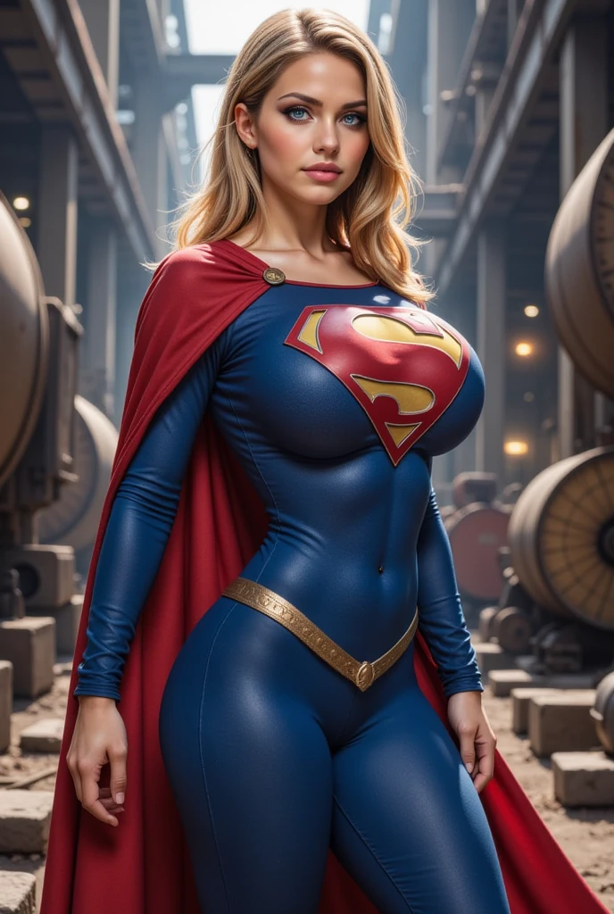 masterpiece,best quality,highres,realistic,1girl,full body,blonde_hair,cape,short_hair,gloves,cleavage_cutout,clothing_cutout,blue_eyes,superhero,standing,