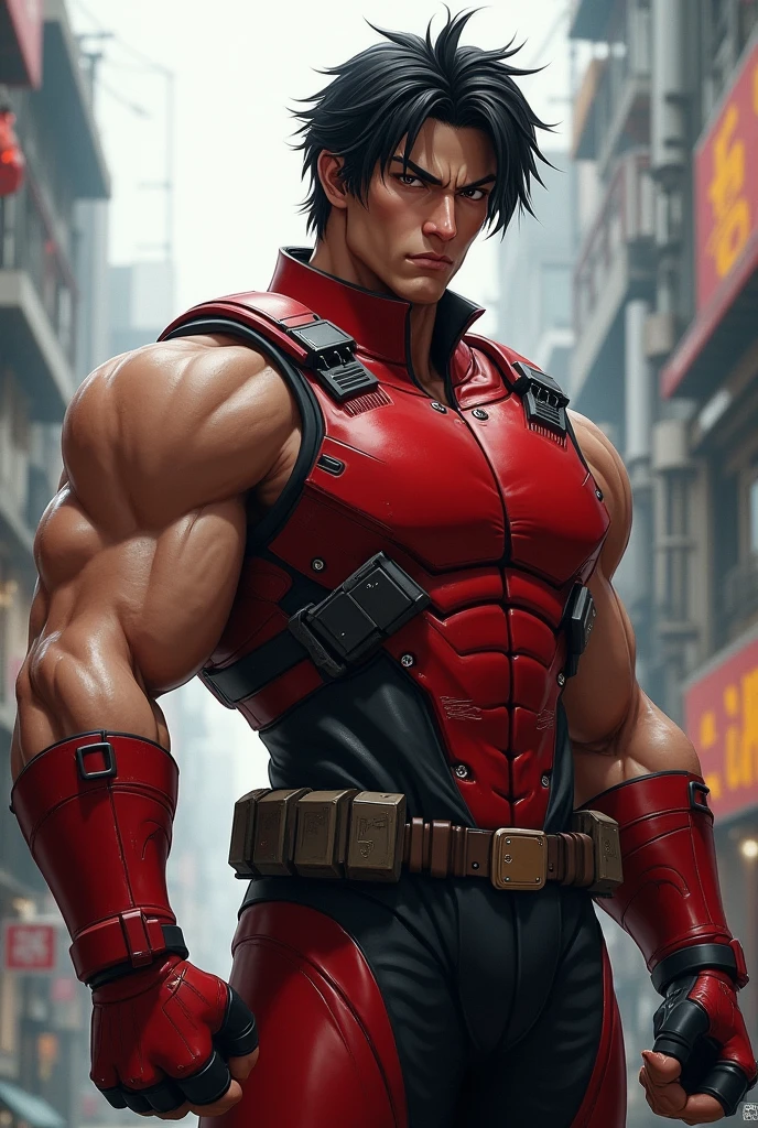 A muscular anime man with a disinterested look with short black hair and red eyes showing his marked abdomen