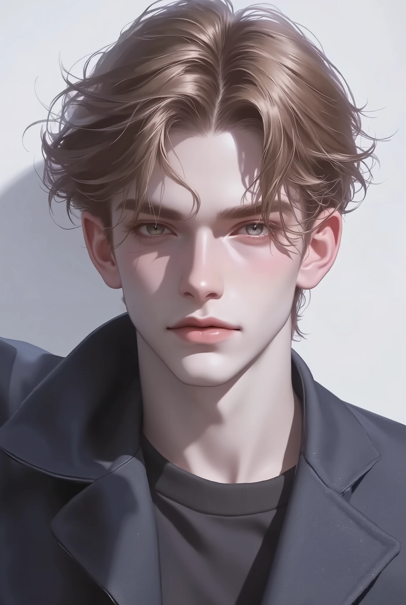 Boy, blonde brown hair, hazel eyes, sharp features, white skin, light pink lips, handsome, perfect, elegant, wearing a sweater, formal jacket, clear colors, high resolution.