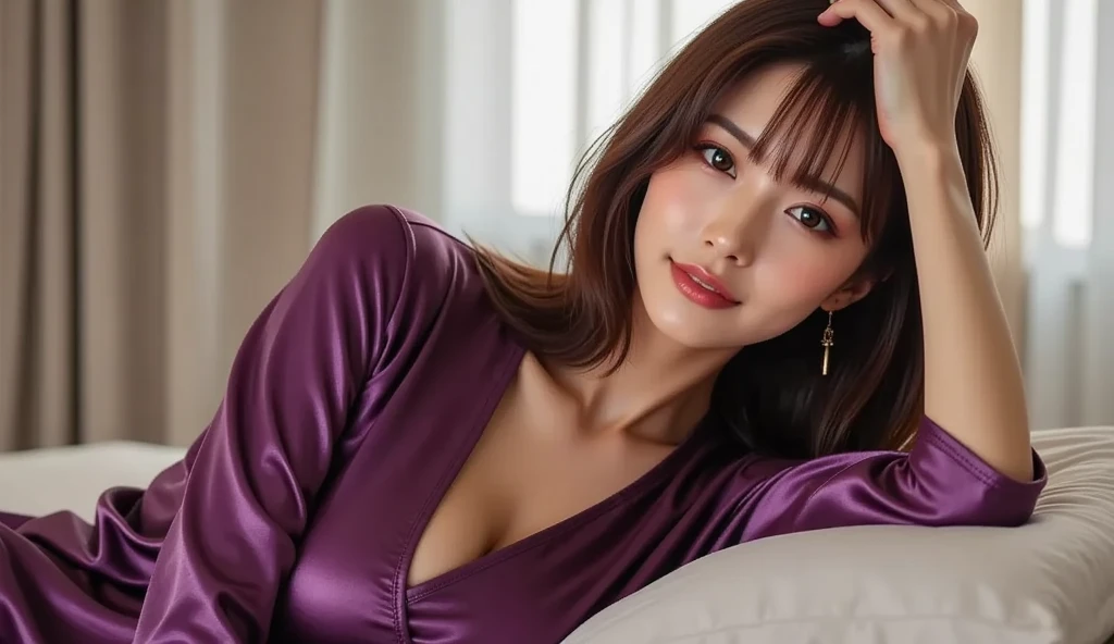 8K,Ultra-clear,exquisite,lifelike,photography,一个pretty的乌克兰美女,European and American women,Exquisite three-dimensional facial features,pretty,Wearing a purple silk dress,Smooth texture clothing fabric,chest circumference:d,Big breasts,20 years old,young and energetic,Sexy body,Sitting on the living room sofa,Aesthetic,Exquisite facial features,Ultra-clear,beautiful eyes,Natural eyes,Natural expression