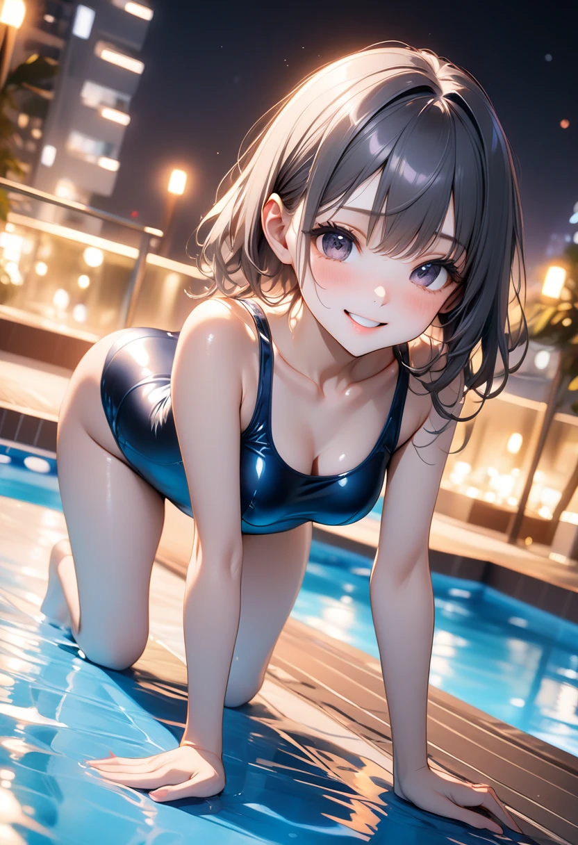 Camel Toe、Long gloves、Brown Loafers、Black calf socks、Open your thighs wide to the left and right、Crouch on the ground、((Latex Old School Swimsuit:1.3、sit, Spread your legs:1.3, Put your arms behind your head ))、12 years old、Absurd、Bob hates his hair、Flat lighting、Elevation、Sexy pose、Highest quality、Complex、Surreal、perspective, Very detailed, Detailed Background, shape、1 Girl、alone、Small breasts、A light smile、Details,Peeing、Exposed