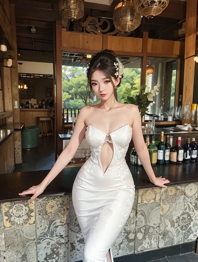 Sweet girl dress2,dress, ((whole body)), ((From below)), Yushuxin,One girl,alone, ((stand up, Against the shelf)), ((Leaning forward)), ((distinct features, Clear Face, Clear Face)), Red lips, compensate, Close-up shot, Graceful posture, Attractive pose, Perfect Curves, slim, sexy, Big Breasts, Cleavage, beautiful legs, Captivating Gaze, Biting your lip, Disheveled long hair, Simple casual scene, Very detailed, Ultra Clear, Highest quality, Official Art, beautifulイヤリング, Delicate necklace, Very detailed description, Ultra-fine painting, exquisite features, elegant, beautiful, Ultra-fine detail, Master Works, Authentic texture, Realism in film lighting, masterpiece, Highest quality