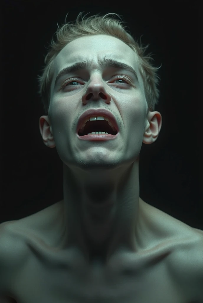 A ghost-like man with a gloomy face , a long smile and short curly hair