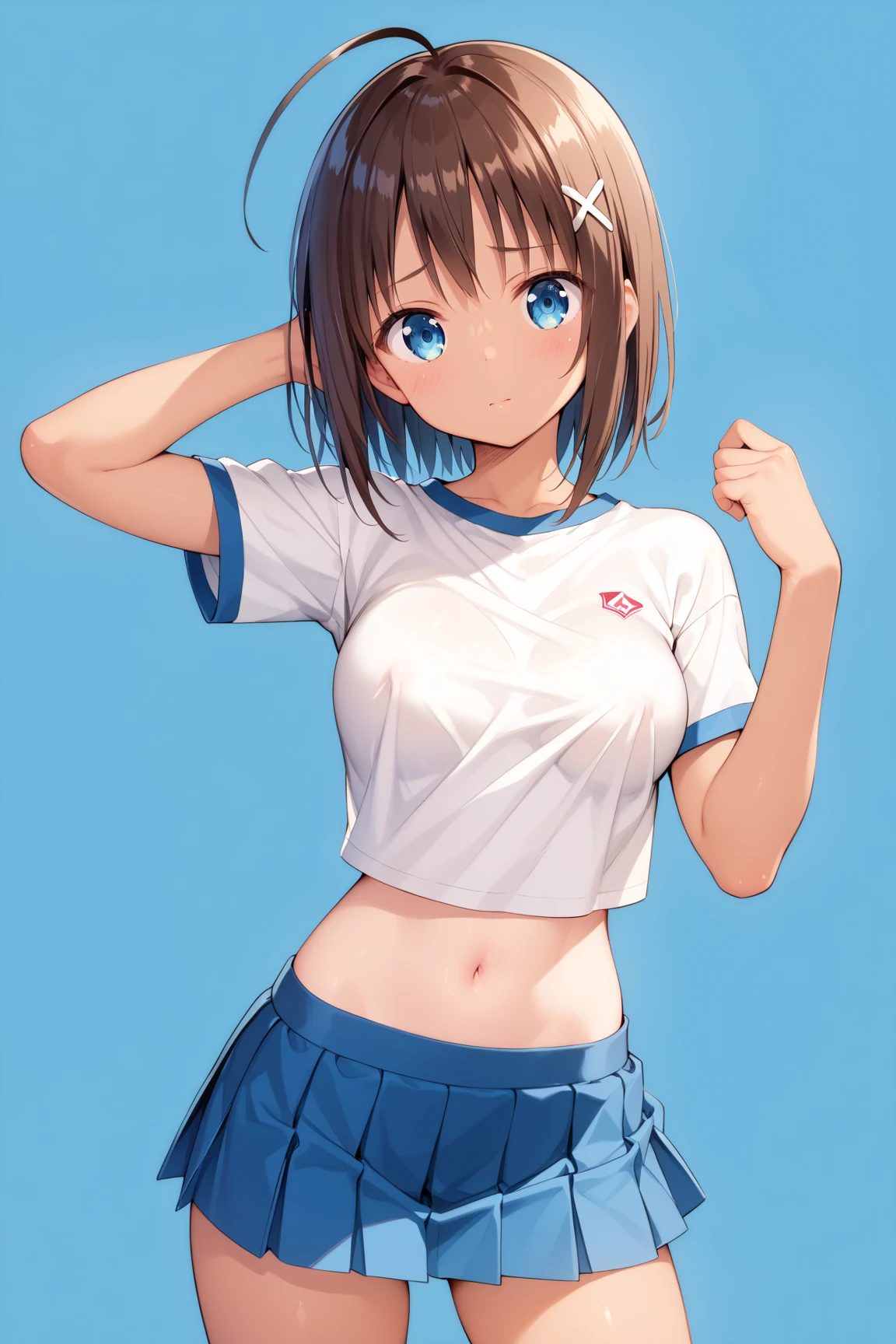 "(perfect masterpiece:1.2), (highest quality:1.2), stunning face,  mature and chubby, Big eyes, compensate, long and luxurious eyelashes, lip whole, irresistible charisma.",belly button,(((girl like boy))),(((very short hair))),腹logic,raised his arms,NSFW,(((logic)))，sports pants，sportswear，hair clip，training，Sweat，yoga，wallpaper，white t-shirt，small breasts，pixie cut