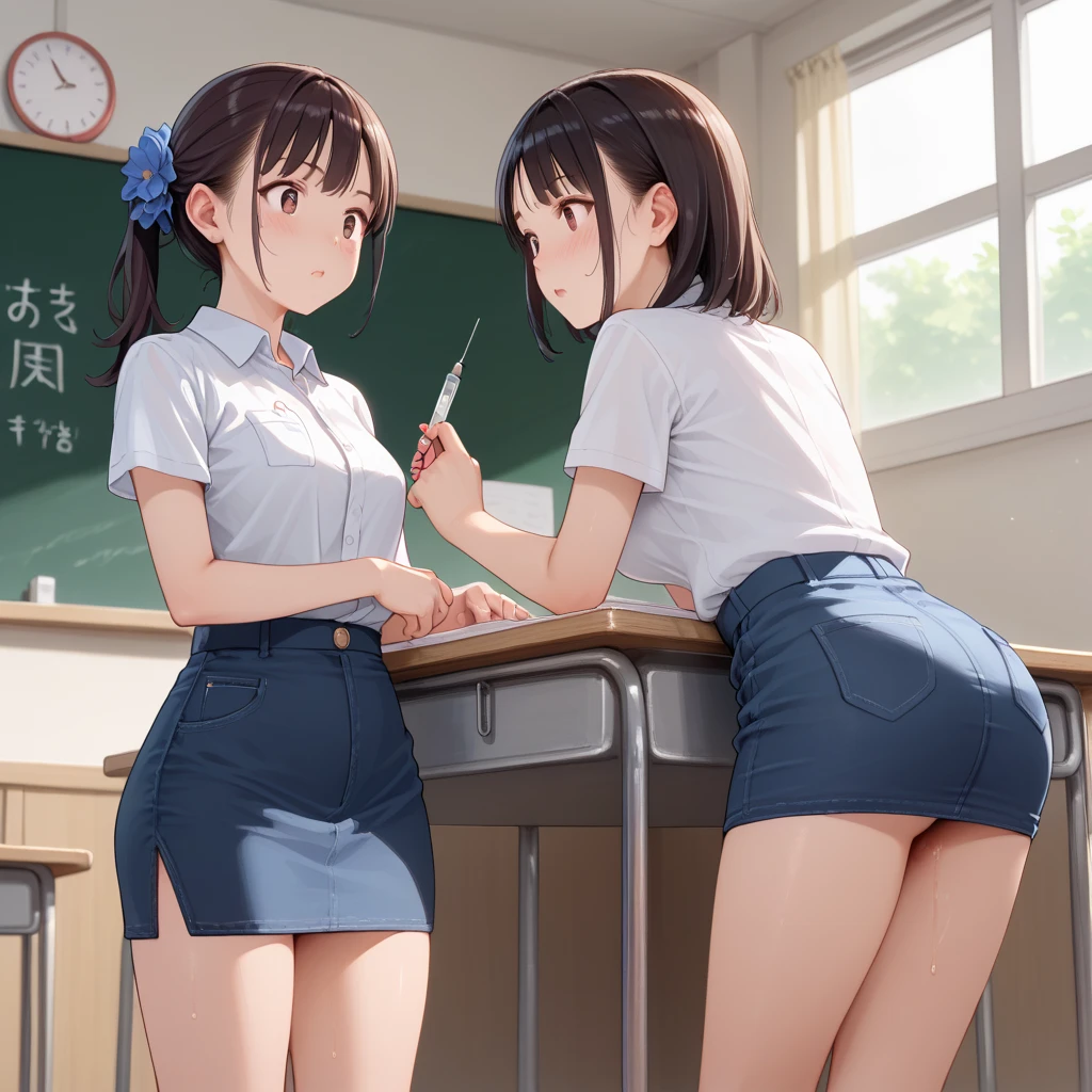 (masterpiece,best quality,high quality,ultra detailed,extremely detailed,ultra high res,best aesthetic,8k),(((clothing stripped))),(((nude))),(mature,,beautiful girl,cute girl),(((beautiful black eyes))),((beautiful black hair,medium hair,straight hair)),(((nose blush,surprised,sweat,open mouth))),(((in classroom))),(((middle breast))),(((nude)),(((topless、bottomless、White knee-high socks))),(((2girls))),(((standing))),(((Hide your buttocks with your hands))),(((from behind)))