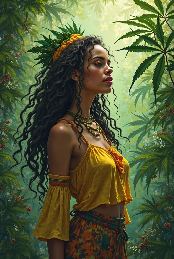 CG art of a beautiful exotic brazilian girl, 1girl, (????????? goddess:1.2), (????? queen:1.1), (????????? leaf crown:1.2), (???????? fashion:1.2), cute girl, glamor pose, smirk, eyebrow up,curvy body type, brazilian culture, Amazon ???????? Garden Background, (paint by SamDoesArts:1.3)