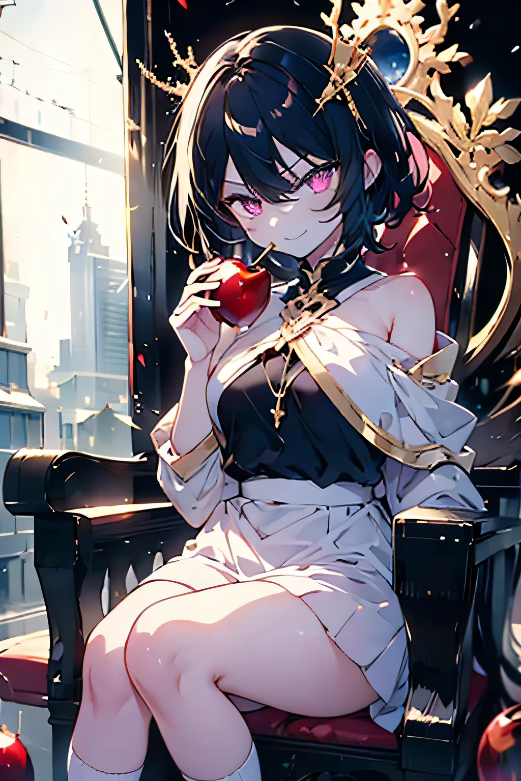 ,Whole body,,short hair,black hair,,heterochromia,red eye,purple eye,,eyes are shining,golden large crown,cute,is cool, eating a red apple ,smirking expression with one hand,He wears one gold crown on his head,facing the front,Erotic,Moose Sleeve,, sitting cross-legged on the throne,shoulder out.,,is cool髪の色,pixiv,eyes are shining, poor breasts,,Enchanting Thighs,I'm wearing white Needs socks,is hungry,Fearless Smile,cheeky expression,,Two small canines are visible from the edge of the mouth,solo,