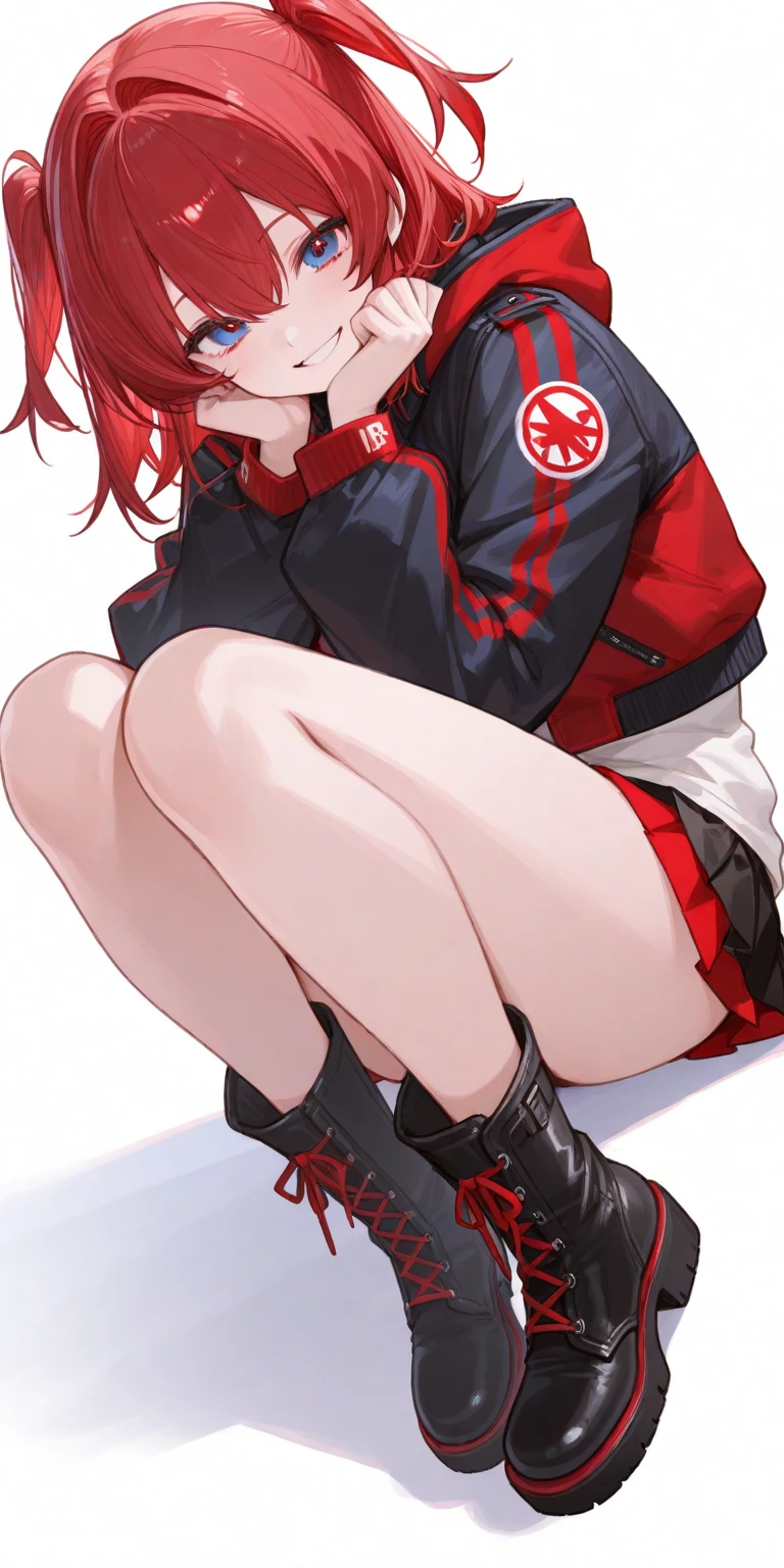 アニメ, best qualityer, Caucasian female, Red hair, Red eye , black long sleeve shirt with blood, very short black skirt , black long boots, silver halo, black cyberpunk glasses on head, black devil syrup 