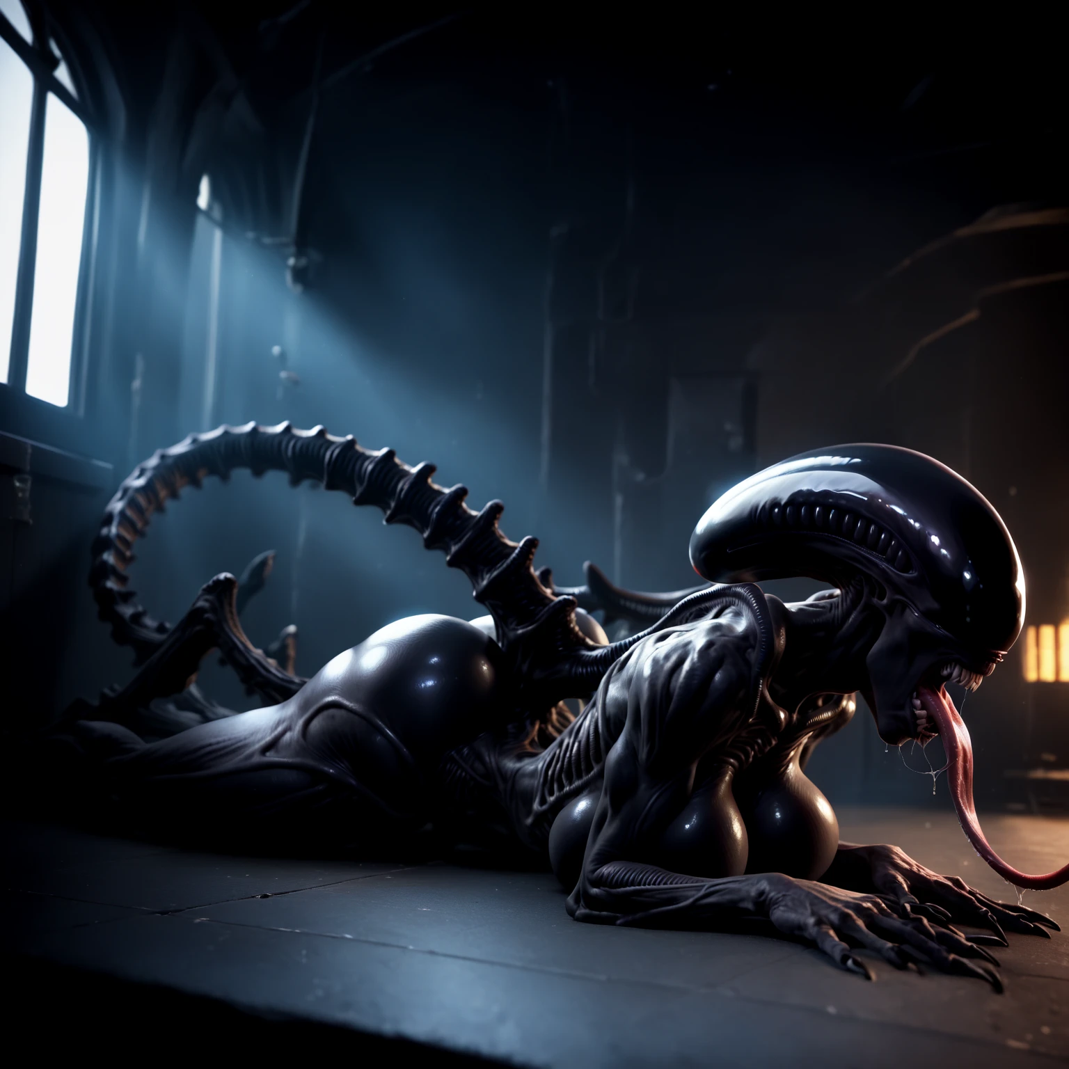 Female muscular xenomorph mother with white underpants and shirt, white panties, white shirt, tight clothing, crawl on all fours, rear view, solo focus, best quality, 1 face, xenomorph girl