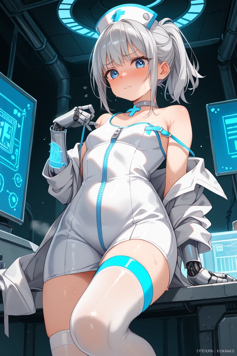 ((1 cyborg woman)),((big breasts, naked breasts, naked pussy, completely naked, blue clitoral piercing)),((standing, futuristic room)),((serious face)),((bare breasts , with lots of bubian hair, with a scientist's coat)),((short gray hair with Elastic, bright yellow eyes)),((facing the viewer)),((performing surgery on a cyborg loli child, breasts absent who is lying on a table with her legs open, placing a needle with a yellow liquid in the child's pussy)), two different characters,