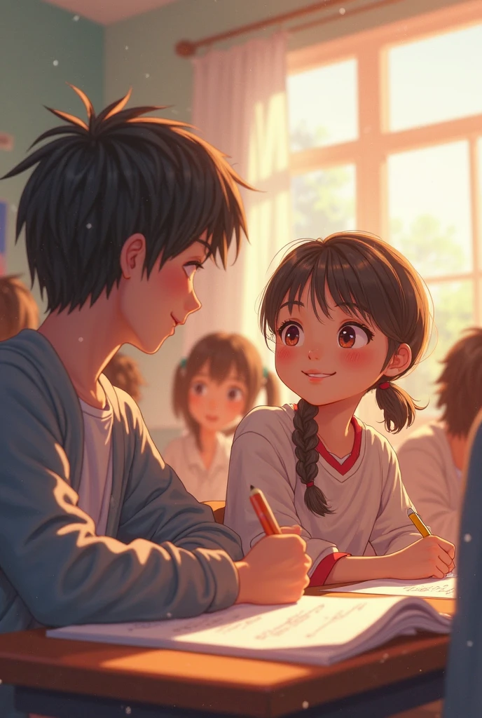 The boy sees the girl for the first time in a coaching class. The scene captures his stunned expression as he gazes at her from across the room. The girl is writing in her notebook, unaware of his attention.