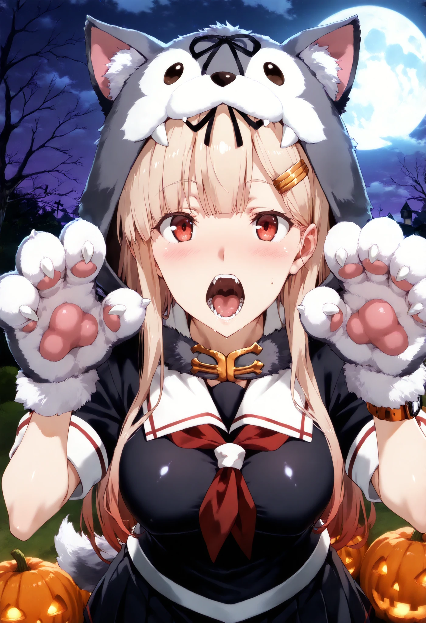 Yuudachi \(kancolle\),
1 girl, solo, cowboy shot,
(Halloween:1.4), full moon, Paw Paws ,watch viewers, portrait, (upper_body:1.2),
Meek, open your mouth,
Poi 3, long hair, Animal Hands, Yutachi Kaiji \(KanColle\), black skirt, red neckerchiefs only, black sailor suit, black ribbon, Wolf's Tail , hair bow, animal hood, tooth,