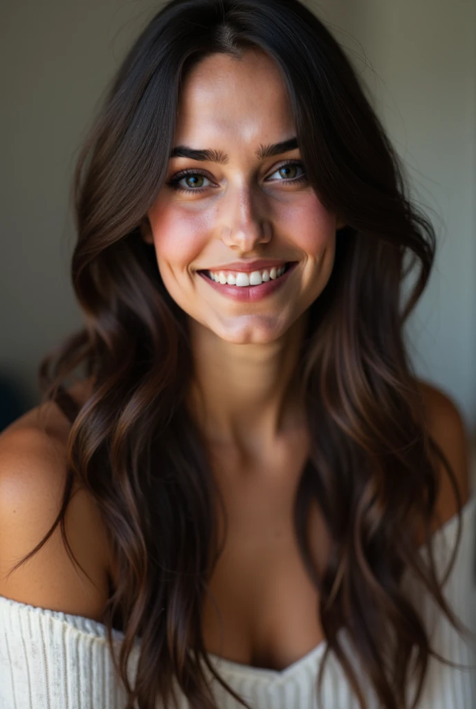 Portrait. Woman in her 30s with dark wavy hair, beautiful smile and big eyelashes. smiling, sensuality, elegant dinner. fancy hairstyle
