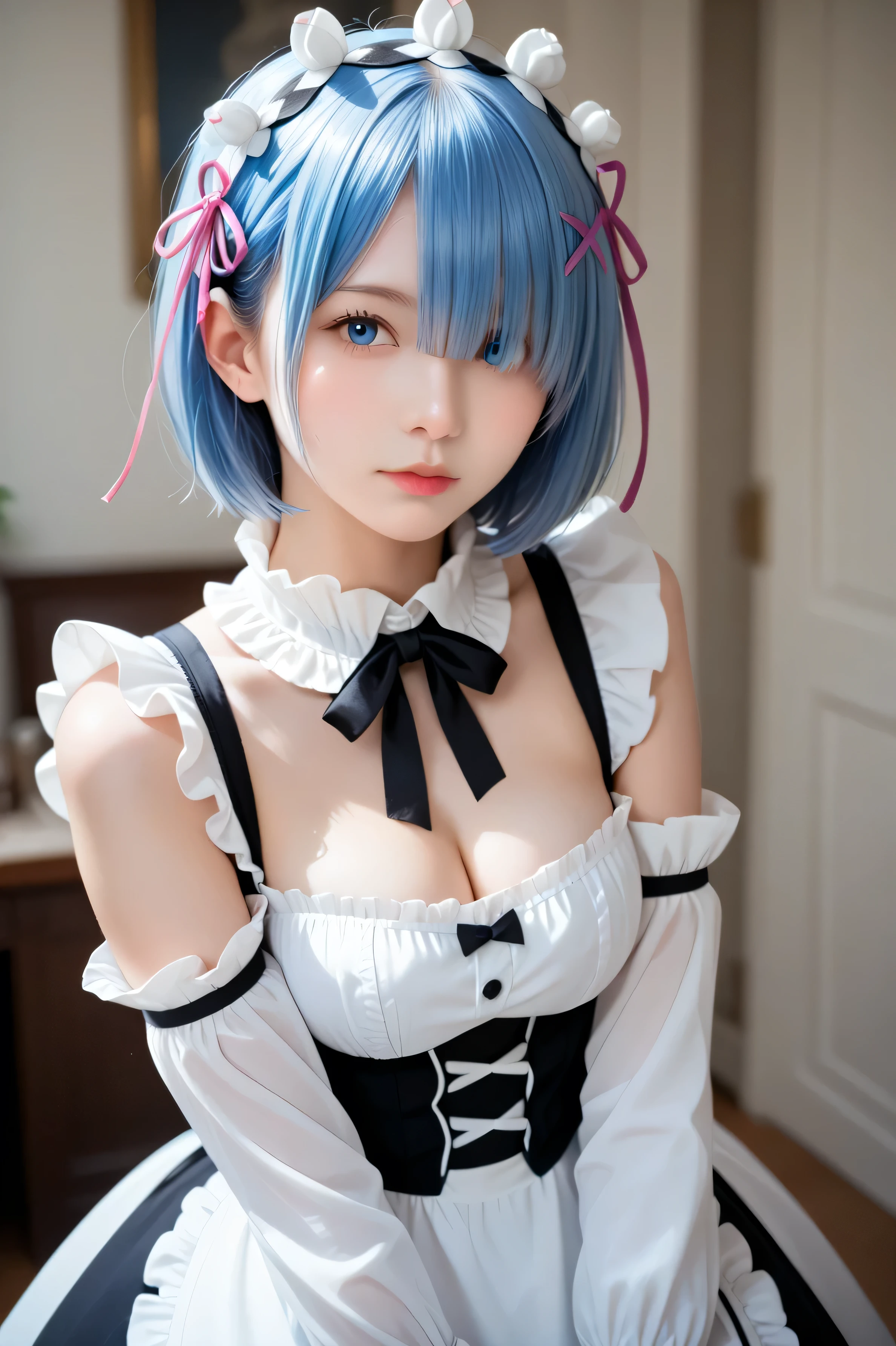 dynamic pose, ((Best quality, 8k, Masterpiece :1.3)), ultra high res , (photorealistic:1 . 6) , RAW photo , (portrait:1 . 4) , real life, 1girl, aarem, short hair, blue hair, maid headdress, x hair ornament, hair ribbon, hair over one eye, blue eyes, breasts, frilled collar, neck ribbon, cleavage, frills, dress, detached sleeves, apron, white thighhighs, garter straps