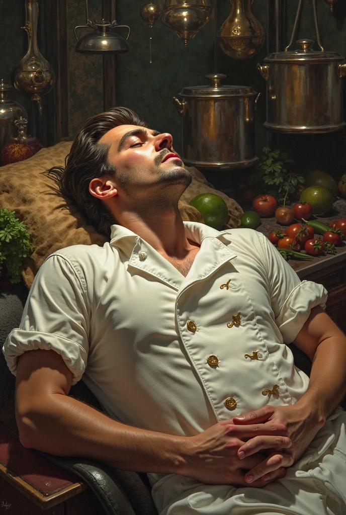 A painting in which a naked guy lying down in the bed and drinking directly from the mouth of the pot. In the picture a guy's back appears. And it's traditional russian pot. It is an oil painting