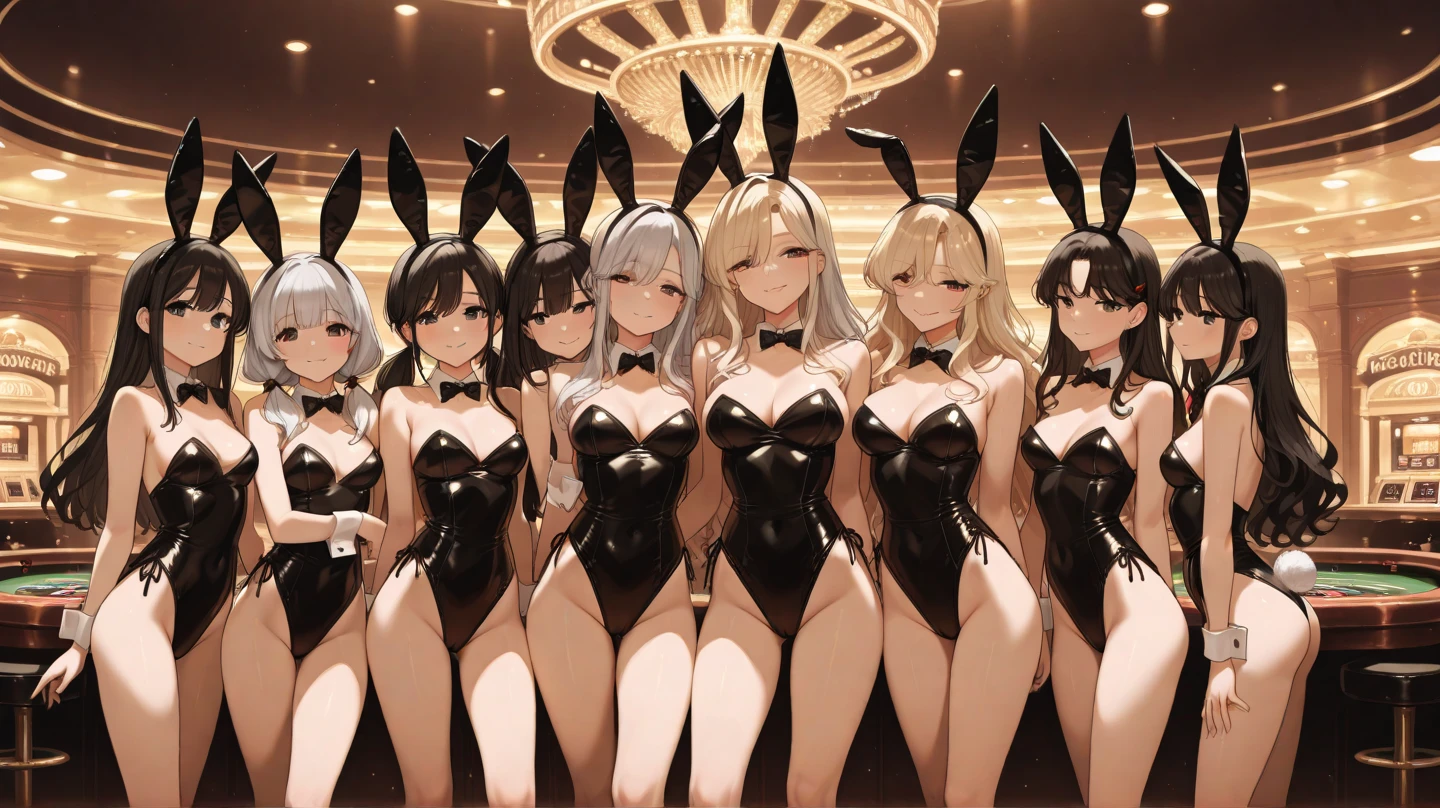 3girls, (multiple girls), natural lighting, masterpiece, highly detailed, illustration, game CG, absurdres, high quality, aichan, isshiki iroha, large breasts, beautiful detailed eyes, ponytail, twintails, bangs, glossy lips, light smile, bunny ears, detached collar, wrist cuffs, strapless leotard, fishnets, (crowd), city street