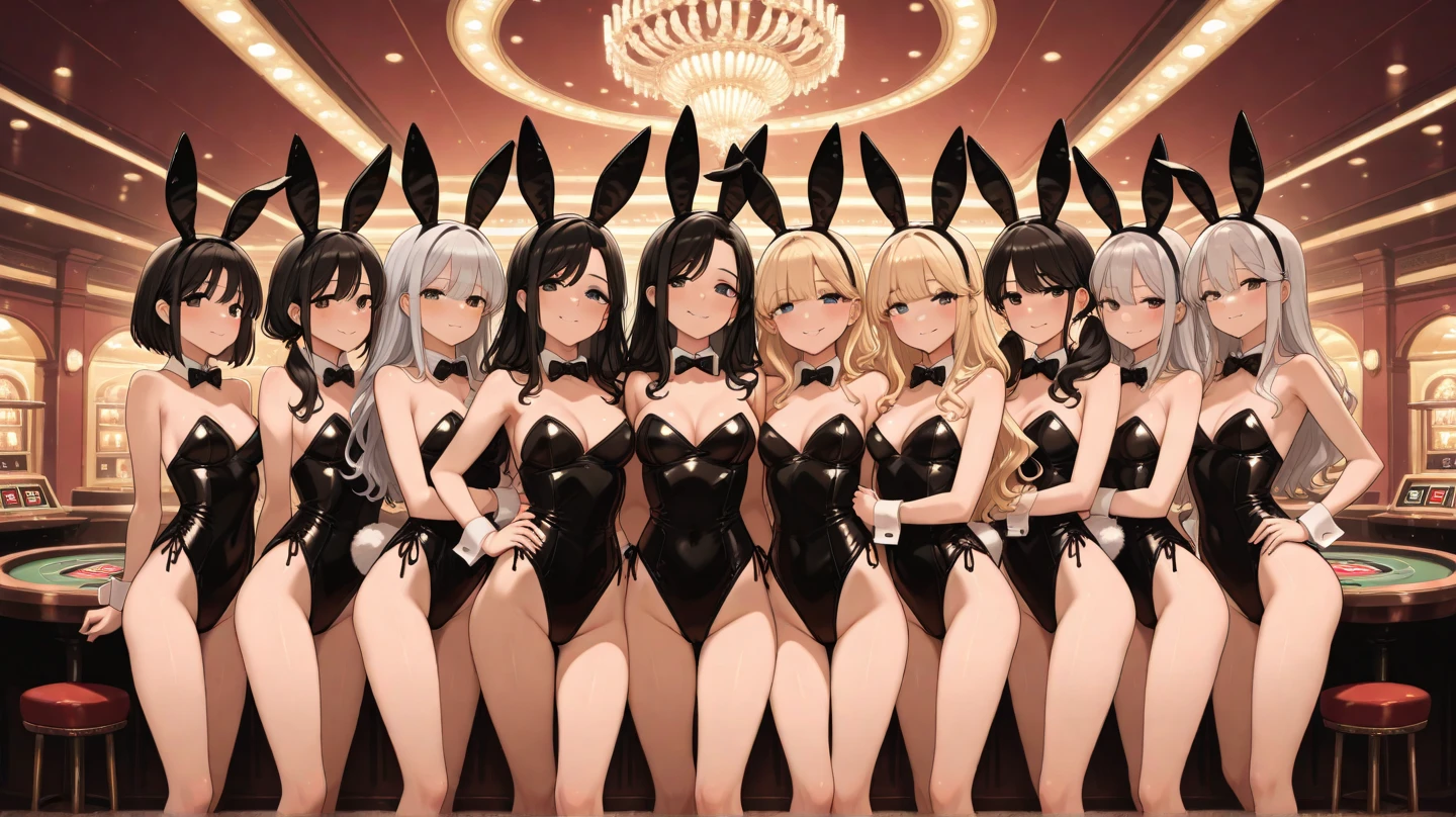 perfect anime illustration, identical septuplets, 7girls, clones, identical sisters, sisters crowded together, sisters in background, matching hairstyles, brown hair, curly hair, matching hairstyle, hazel eyes, smiling, ((playboy bunny, blue leotard, high heels)), mansion, highres, full body