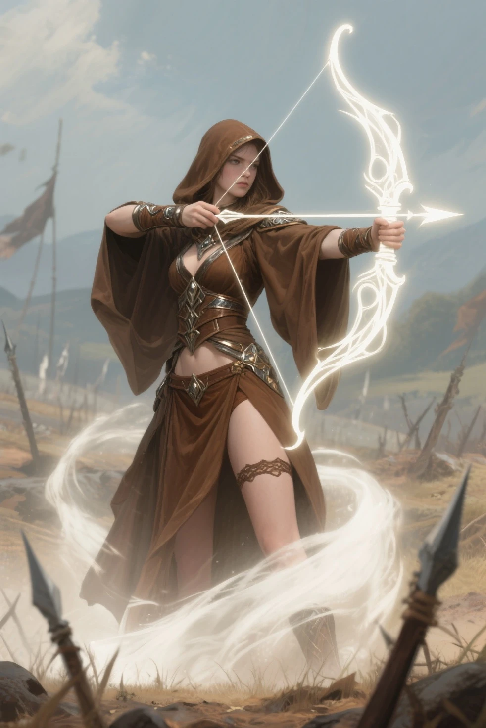 Um mago feminino antigo medieval ocidental,A female mage in a brown cloak is releasing a bow,The hood covers his face and he can't see clearly,(An electric arc around the hand:1.3),pronto para atacar,imponente,(Thunder Magic),(The bow was released from the female mage's hand),The current spreads around,paisagem medieval,genial,4k,melhor qualidade,primitivo,((Ultra-detailed, high-precision details)),Hero of Power & Magia 3,genial,The bottom is the canyon plain,The scene is impressive