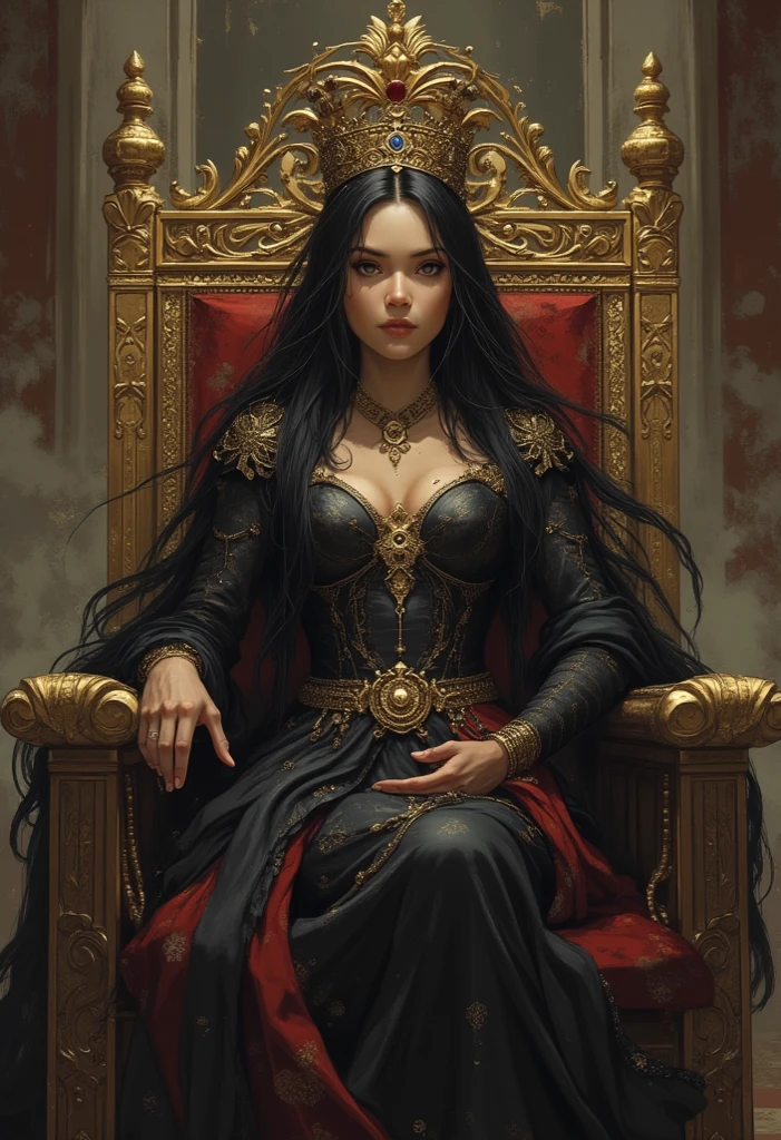 A stunning vampire woman sitting on a throne with a sword in her hand, on her throne, sitting on her throne, sitting on a gilded throne, sitting on intricate throne, sitting on throne, sitting on a throne, in style of dark fantasy art, dark fantasy style art, beautiful vampire female queen, portrait of a dark goddess, sitting on an ornate throne, tenebrous, award-winning digital fantasy art, 16K UHD