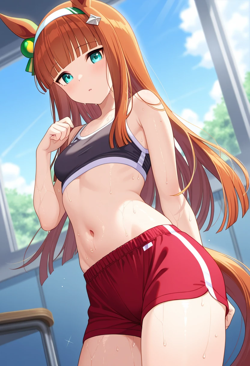 nsfw, masterpiece, 1 girl, ((topless)), intricately detailed, navel, necklace, orange hair, white skirt, smiling, extremely detailed, photorealistic, octane render, 8 k, unreal engine., bare breasts, bare stomach, sweaty, beautiful face, small breasts, flat chest, silence suzuka \(umamusume\), park, horse ear, horse tail, bare shoulders, nipples, holding tennis racket, nude, running, open mouth, blushing, tennis court, visor hat, sweaty, gold course, arched back, standing, long hair