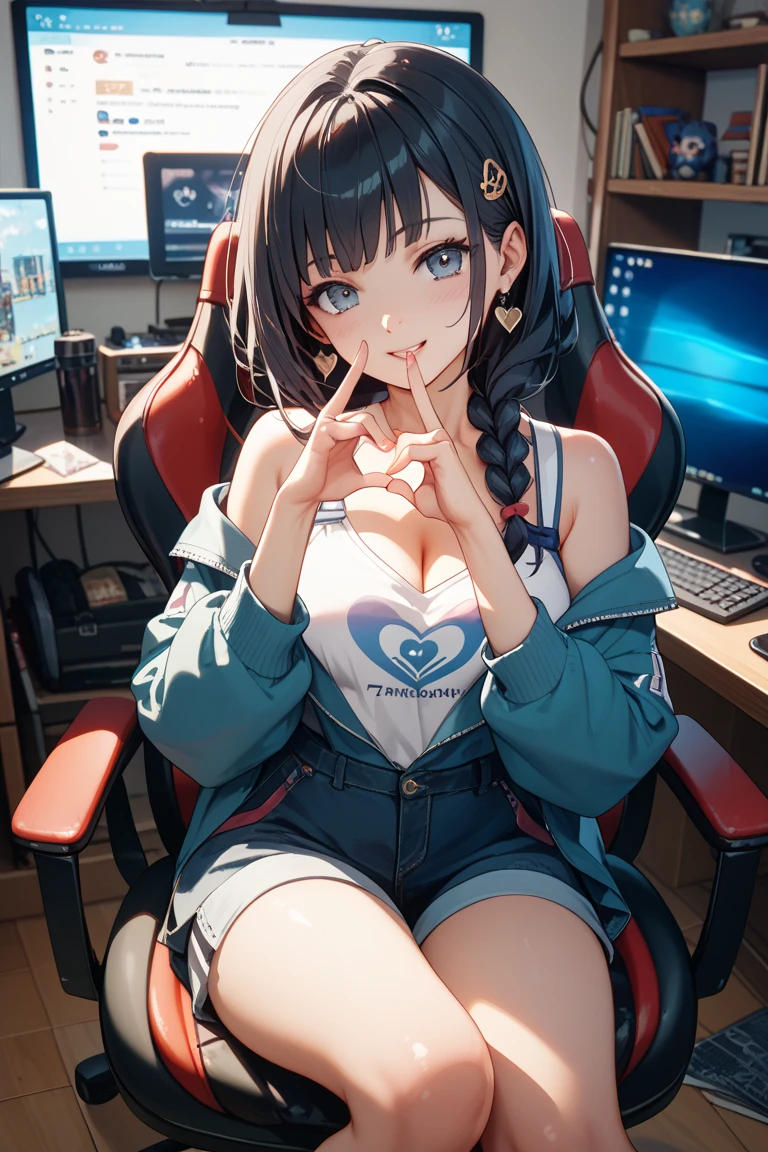 One Woman、beautiful girl、Sit on a chair、Big glasses、Dark Room、computer、Sit in a gaming chair、High-end headphones、Grip the game controller、computerに向き合う、beautiful girl, Highest quality, Tight T-shirt、Tight T-shirt、Game Geek、Thick thighs、Big 、Big Ass、Black Hair、long hair、Bangs、Sweaty body、I'm sweating all over、Lewd sound effects、Excited、Stripes々Panties、Play naughty games