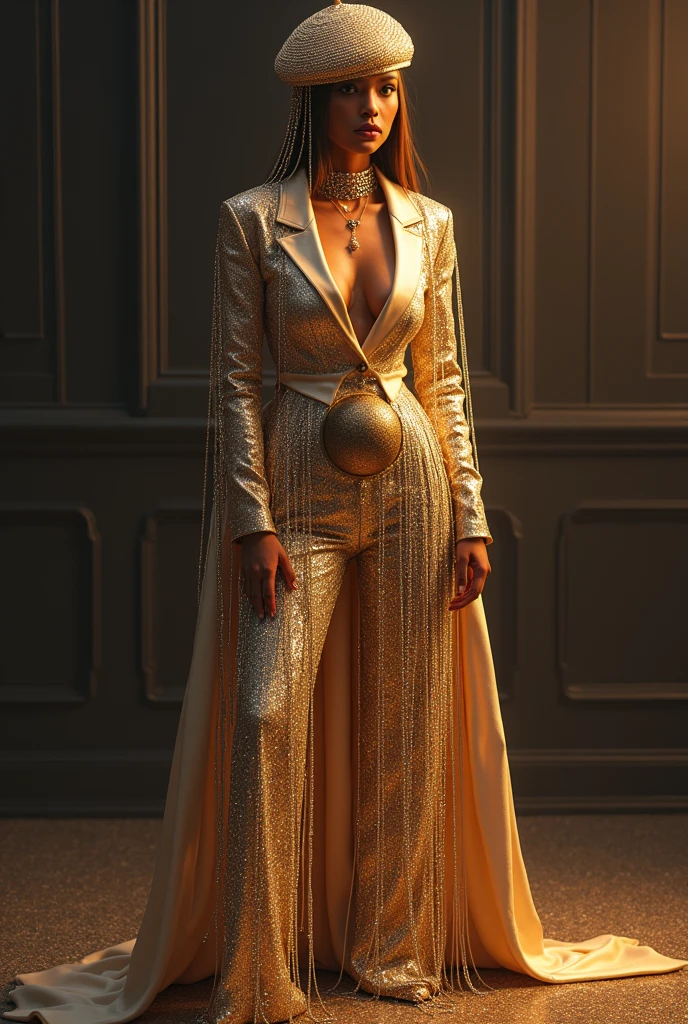 Nicki Minaj whith large breasts in golden dress next to a goldebn lamburgini