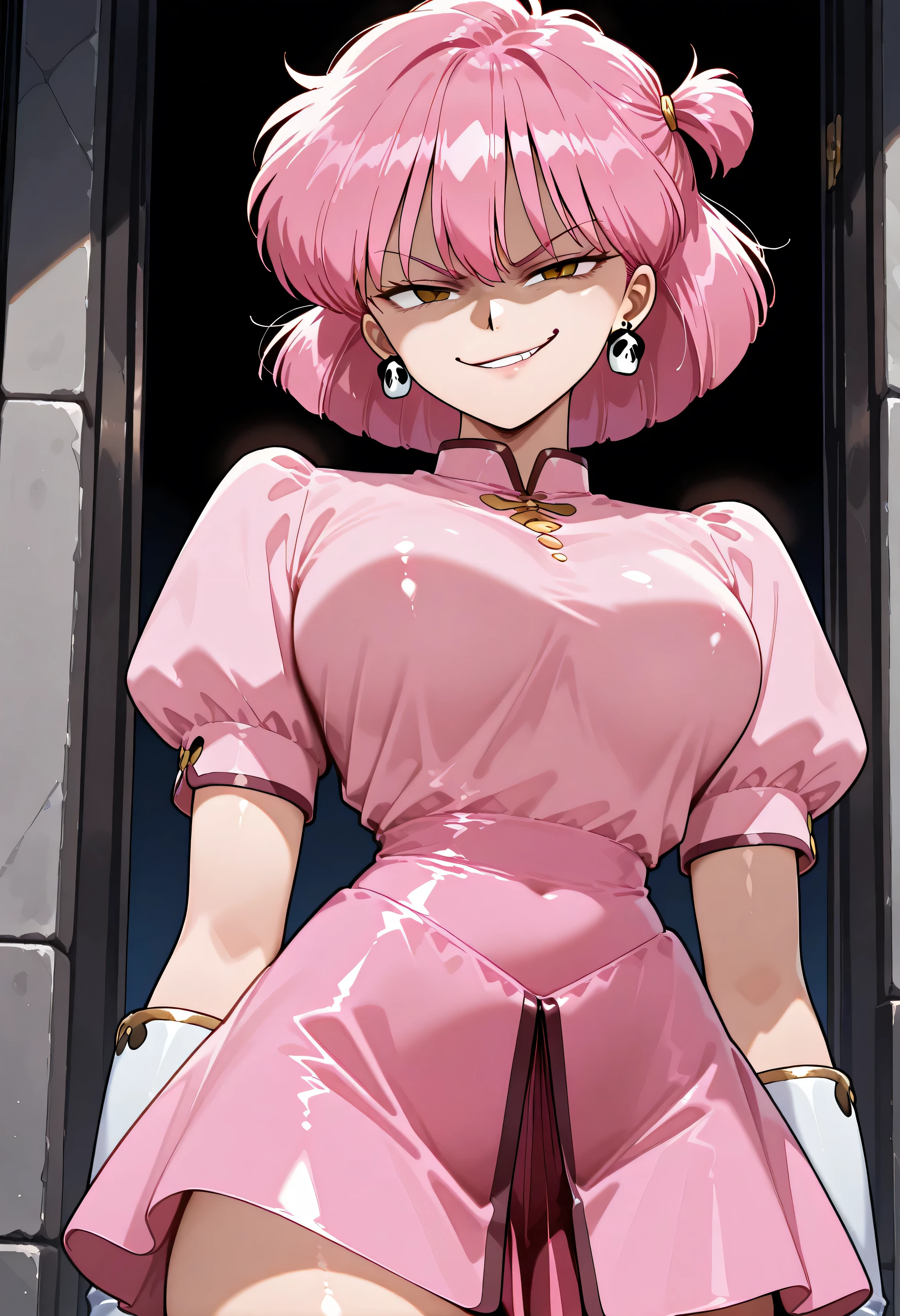 score_9, score_8_up, score_7_up, BREAK,<lora:Luckyshazo_Pony_Style-000003:1>, 1girl, solo, large breasts, cowboy shot, simple background, <lora:add-detail-xl:.5>, shermie, hair over eyes, hands on hips, head tilt
