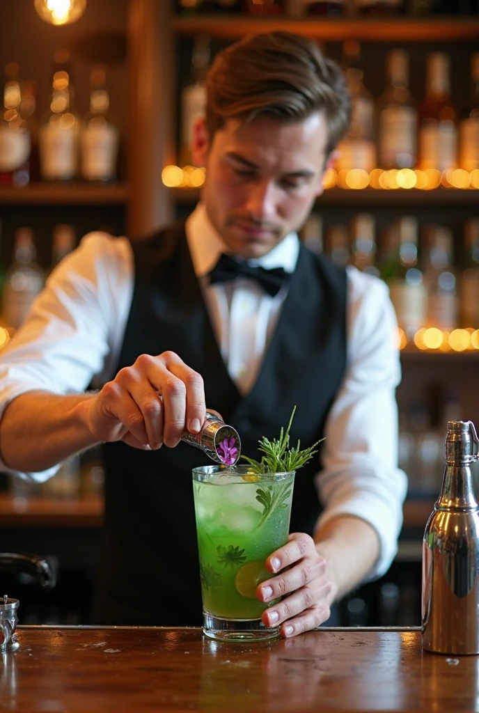 Authentic BAR,( The bartender&#39;s right thumb was amputated at the second knuckle.), Steampunk，1800&#39;with Mojito, Spectacular landscapes, , Extremely precise movements, A sublime and delicate work, Cocktail,  masterpiece, 8k, high quality, Hands are a key element in the scene, The hands are very realistic and sharp，I don't draw my face，Wine Bottle Background、Dark interior、There are herbs, lemons and limes on the counter、Red flower、Rosemary in hand、Tall, narrow glass，