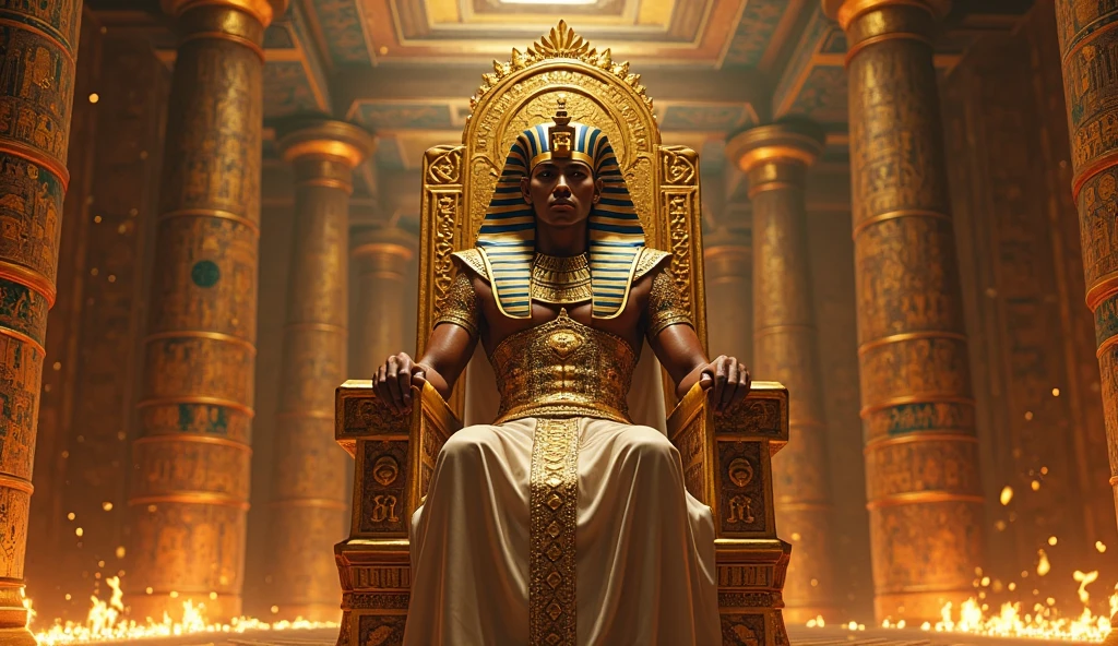 Egyptian kingdom, man, wearing the head of an anubis dog, tense atmosphere, sitting on the throne