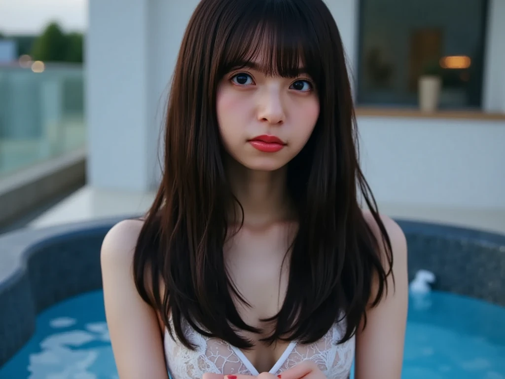 masterpiece、15 year old woman、(poneyTail)、(((small head:1.4)))、cute little、hot onsen、Open your legs wide to show your crotch、Stand on one knee、(A dark-haired)、(Raw photography:1.2)、(Photorealsitic:1.4)、A smile、embarrassed from、the whole body is wet、masturbation、showing your whole body、Textured skin、extremely detailed eye and face、二重まぶた、(Increase the beauty of skin texture:1.1)、hight resolution、8k wallpaper、电影灯光