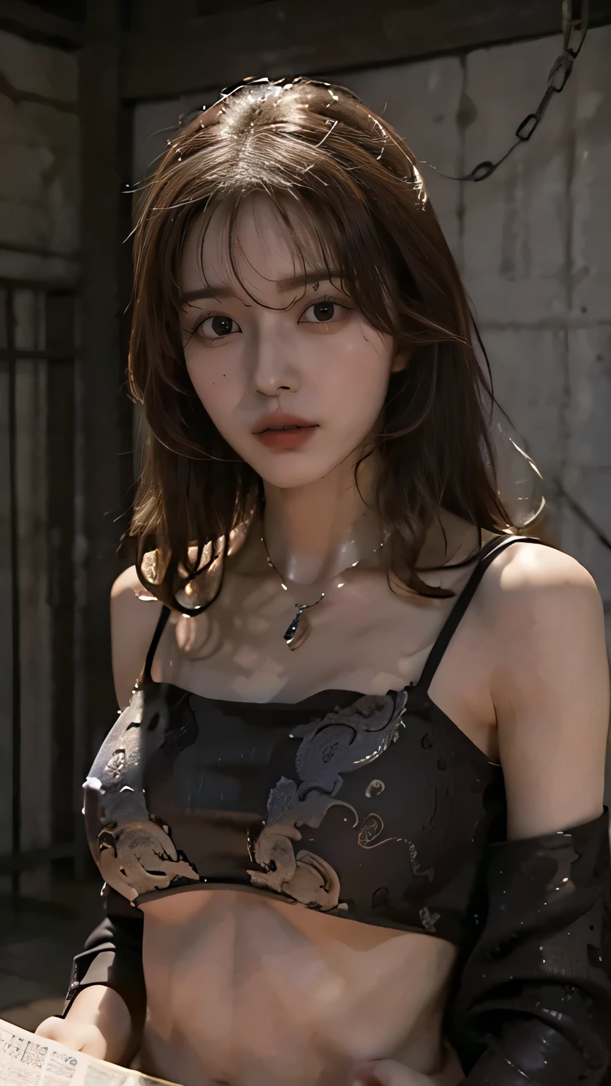 (32K:1.9, Highest quality, masterpiece, Ultra-high resolution), Professional camera work:1.6, Very detailedな肌と顔の質感:1.3, Always accurate, Very detailed, ((23 years old, Rookie Undercover Agent, Dark dungeons:1.4, Suspension:1.3, The whole body is bound with chains and ropes:1.3, The moonlight at night illuminates the room:1.2)), (Big breasts on the verge of collapse, Tight fabric clothing:1.3, Incredibly slim body), Fair skin, elegant, Obedience, Obedience, sense of cleanliness, Charm, Heartful, Fancy, Sensual pose, (Big eyes that exude beautiful eroticism:0.4, Painful expression:1.0, I love you with all my heart:0.8, Please open your mouth a little, lipstick, Feel the beautiful eroticism:0.9), (Dark brown medium hair), Earrings, necklace, bracelet, (romantic, mysterious), Object of admiration, original, dramatic, artistic, Innovative, sense of openness, special, exciting, Extreme, Tilt, sense of loss, sorrow, sorrowの表現, ((The charm of youth, Feminine charm)), (big breasts, beautiful nipples:1.5),