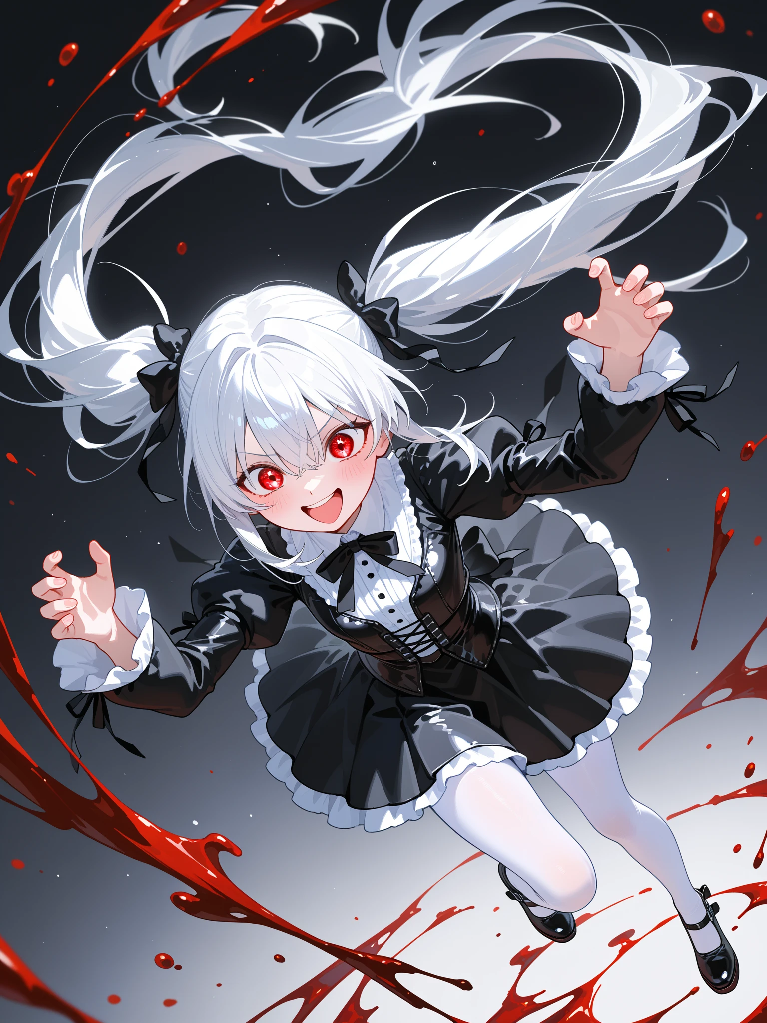 Cat Girl,was hairy,shaggy,Skin fur,White fur,Forelimb hands,hair splayed out,White ears,White face fur,White hair, hair splayed out, Shiny hair,Hairline, low twintails,Blue eyes,Super cute face,Empty eyes,Crazy smile, Fangs,Flower hair ornaments on the other side,White dress,Ambient light,Ultra-fine fur,Fluffy white tail,volumettic light,dashed eyes, bangs, ultra high def, 巨作, Super detail,Night,Under the rain,In the rain,Drizzle,Wet with rain,rainy outside,The magic of blood,Ruins background,blood, blood_On_clothes, blood_On_Hands, blood_On_arma, blood_Flying splashes, blood_stain,Single。