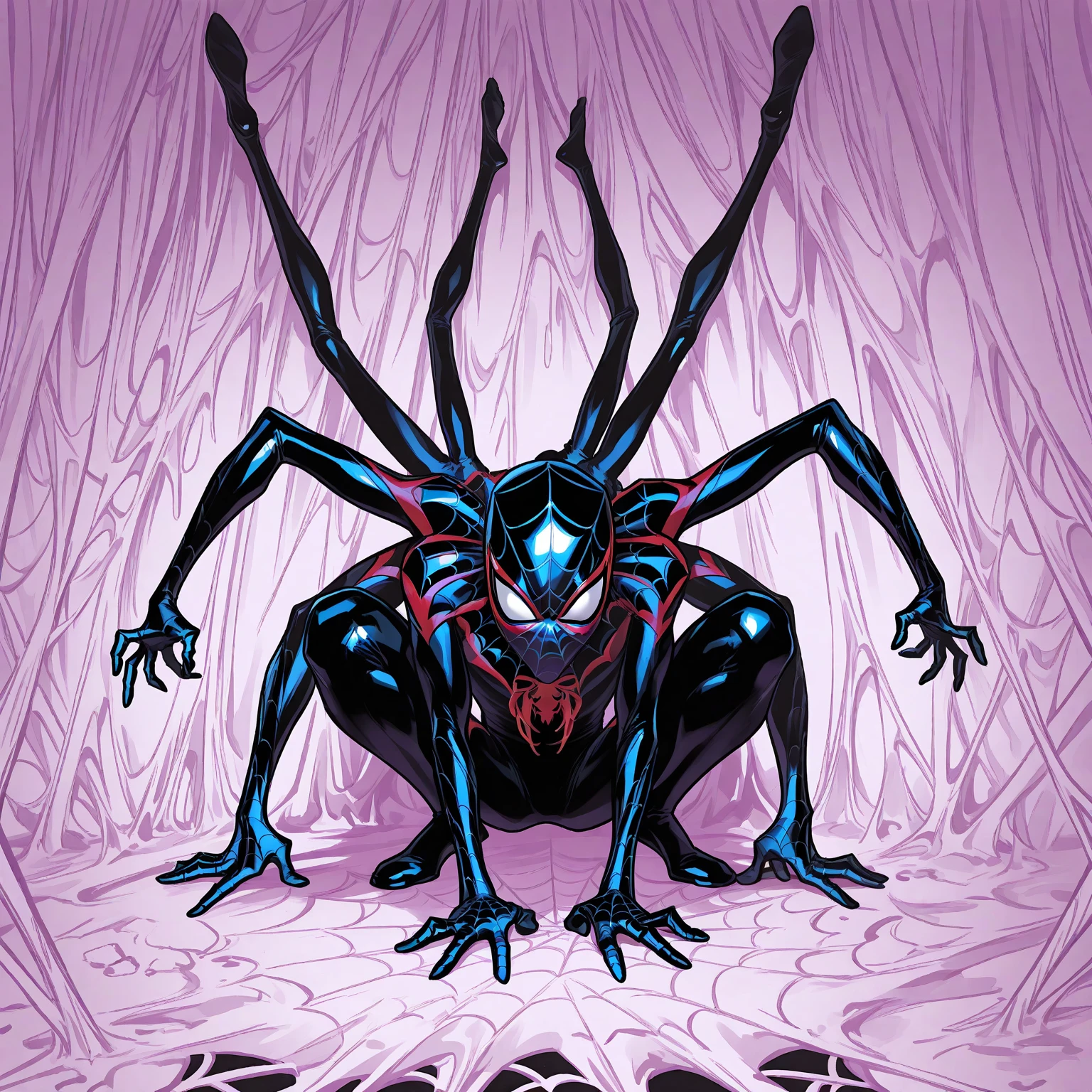 Woman, extra eyes, extra arms, spider legs, resting on a web