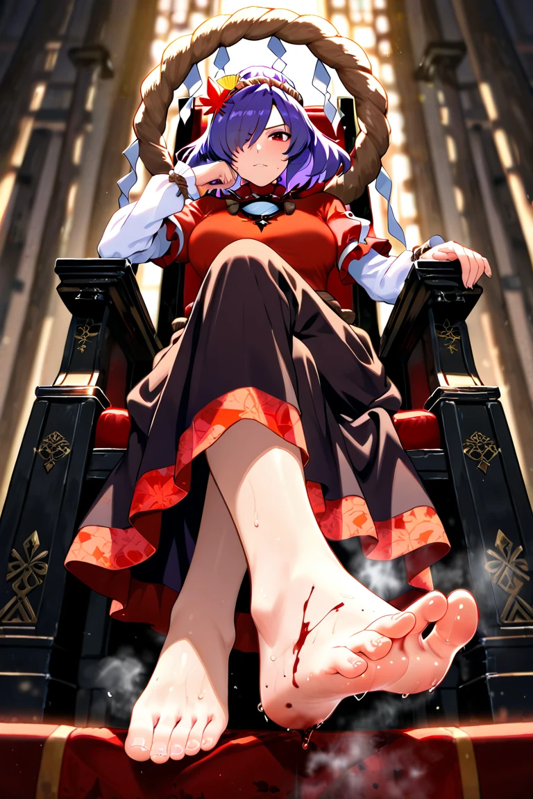 Yasaka kanako,Purple hair, Red eyes, hair over one eye,cinematic lighting , cinematic angle, soft light , color detail, backlighting, Depth of field, long exposure, light steps, intricate colors, vibrant colors, Sit on the throne, barefoot, looking at viewer, Crossing legs, feet focus, from below, stockings Steam coming out of my feet, Sweat on feet,blood stains