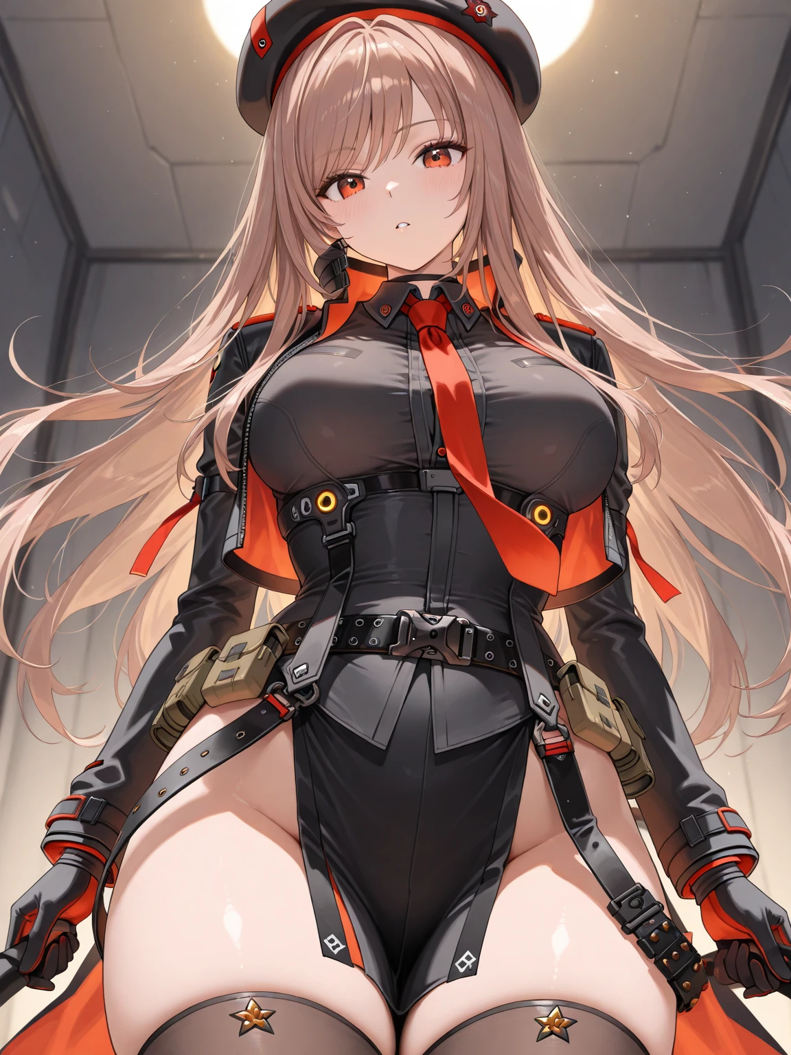 (small breasts:1.2), (perky chest:1.2), (pointed chest:1.2), dark bronde hair,long hair,side ponytail,hair between eyes,bangs, BREAK (beret, black jacket, open clothes, cleavage, midriff, black shorts, black thighhighs, thigh strap, fingerless gloves, single glove:1.2), Photo,sharpness,hyper-realistic textures,spectacular light textures,(((Beautiful woman with left leg restrained and hung by chains))),Appearance,Beautiful girl with accentuated slender abs: 1.1,six-pack abs: 1.1, Bust Botox,Standing on tiptoe, long legs,Long brown hair fluttering in the wind,Brown hair, Long hair, Female Warrior Costume,(No panties,No bra),(tacticul battle fashion,elbow and knee tacticul battle fashion, battle glove: 1.1),((cute batre costume)),The belly comes out and the navel is visible,Thin sheer costume, combat gloves,shredded costumes,cyber long combat boots with golden knee pads,Anatomical,(futuristic sci-fi battle fashion, long boots, gloves: 1.1),(tied perfectly by iron chain), Restraint, Slave, collars, contempt, (Chained), 4 chains hung from heaven, Metallic shackles and fetters, wet crotch clearly visible,((Hands are restrained above the head)), the neck is chained,Chain from left knee to heaven,Chained by silver chains,((the tip is protruding, areolas protruding,The shape of the pubic area is clearly visible:1.2)),Sweating,Wet,Wet crotch,Wet thighs,Junkyard, Realistic, (cute, perfect clothes, skimpy clothes, cute: 1.3) ((wide mirtary hospital with summer sunlight)), peeling ceilings, Rebar between, Realistic material details, Extreme details, Ultra-realistic materials,narrow waist,(with sparkling eyes and a contagious smile:0.9), detailed clothes features, (perky chest:1.1), (pointed chest:1.3),looking at viewer,