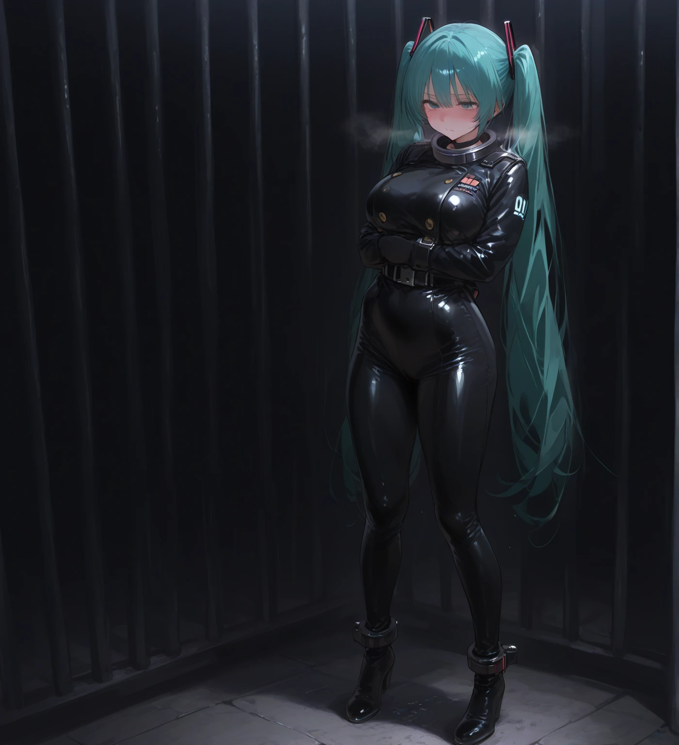 Sexy . . (perfect colors ).. (oily skin) . . Thick collar. Miku Hatsune . . . . . . Handcuffed. .. . . high heels. vibrators . cumming. Ballgag . Drool. Latex suit . In the office. Surrounded by men. Embarrassed.