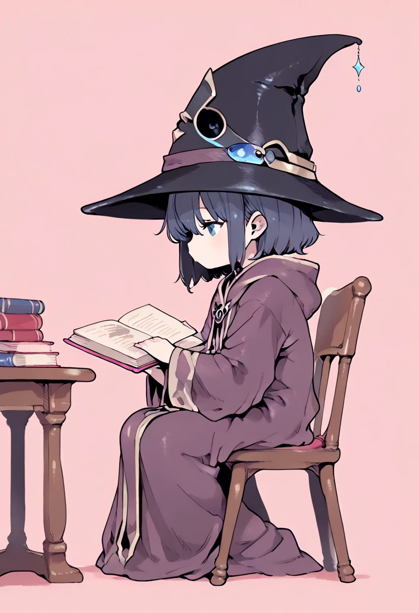  from the side, 1 girl on break day, Magician's Laboratory  、 I'm sitting on a chair reading a book、 Complicated Details ,   hyper-detail ,　(Highest Quality, masterpiece:1.2),  Ultra High Definition ,  ray tracing, very well detailed, Complex Robe、  Magician's Hat,  chibi、 Line Art, Flat Color, 