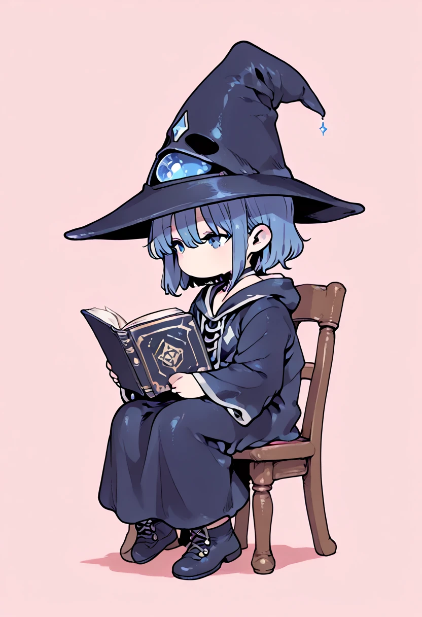  from the side, 1 girl on break day, Magician's Laboratory  、 I'm sitting on a chair reading a book、 Complicated Details ,   hyper-detail ,　(Highest Quality, masterpiece:1.2),  Ultra High Definition ,  ray tracing, very well detailed, Complex Robe、  Magician's Hat,  chibi、 Line Art, Flat Color, 