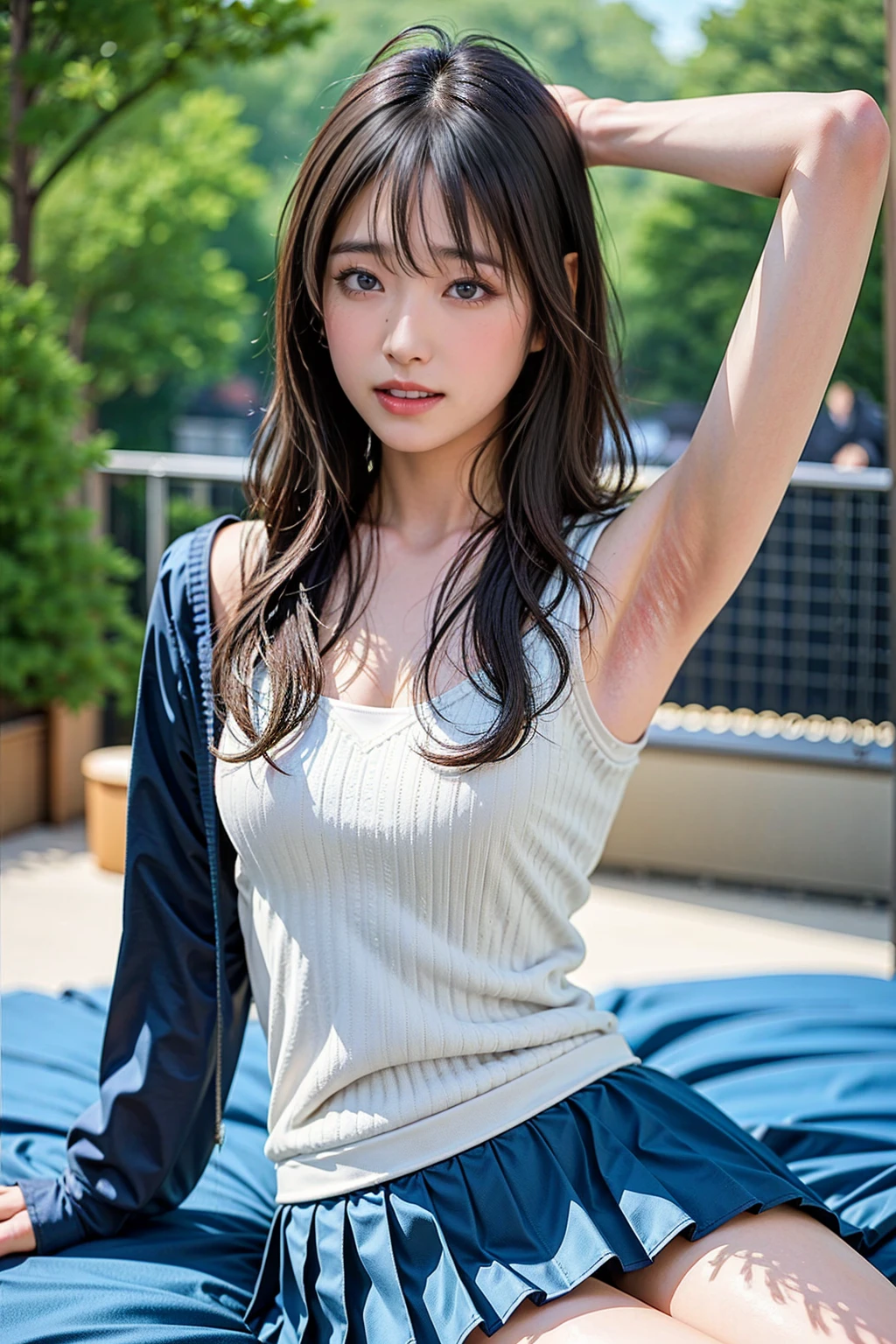 ((Tabletop, Highest quality, High resolution, Hmph, Hmph, Pixel Perfect, Written boundary depth, 4K, Very detailed))), One Girl, single, alone, , ((Long Hair, bangs, Dark brown hair)), ((Green Eyes:1.4, Round eyes, Beautiful eyelashes, Realistic eyes)), ((Detailed face, blush:1.2)), ((Smooth texture:0.75, Realistic texture:0.65, Realistic:1.1, Bright colors)), ((Big Breasts, Cleavage:1.1)), Dynamic Angle, Perfect body, ((throw, Dynamic pose, Portraiture)), ((Navy blue tank top、White Skirt、Fashionable, single Handbag, 1 diamond necklace)), smile, Open your mouth, amusement park, ((hospital))、((art:Alfonso Mucha))、(Skirt fluttering in the wind、Hairy crotch:1.5)、 ((Hawaiian sand beach))、