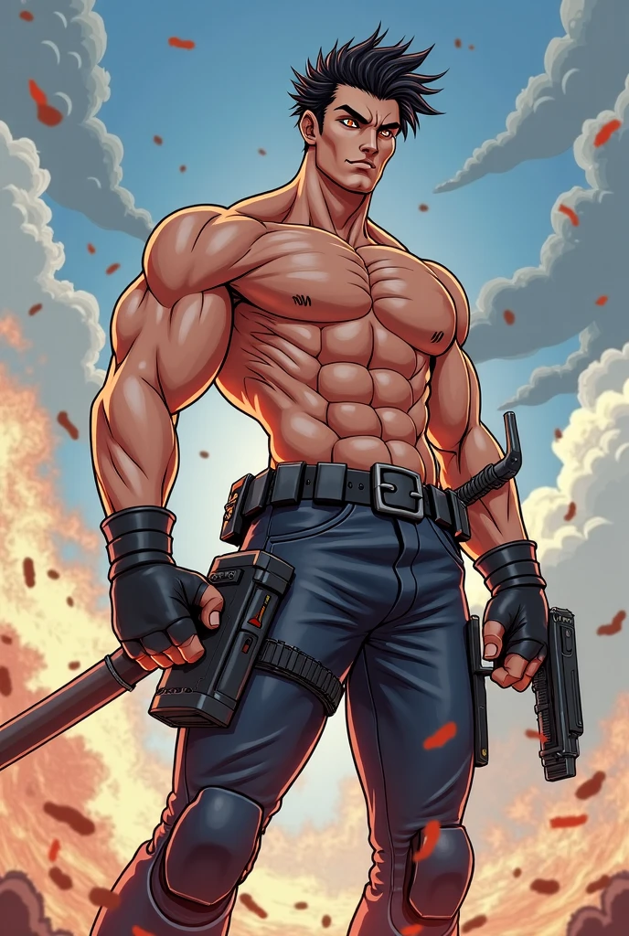 (Create a masterpiece: 1.2),(CGI art:1.3),(realistic:1.5),(After processing:1.3),(Sharp focus:1.3), (man Fight, join in battle:1.5 ),sunglass, straight, front ,Chris Redfield ,(black hair), smile open mouth, (Wear color navy round neck T-shirt: 1.5), (with a Police badge: 1.2), navy cargo, (Torn shirt:1.6), (wound: 1.3) , (blood splatters) ,( abrasions on face: 1.5), (Blood stains on the face and body: 1.4), Korean guy , korean men, (High gloss details), chest muscles, large arm muscles, blood vessel, Big muscles, Broad shoulders, looking at the audience, Balancing the eyes, middle of the road , (Carrying a black backpack: 1.3) ,(Fire blazes behind)