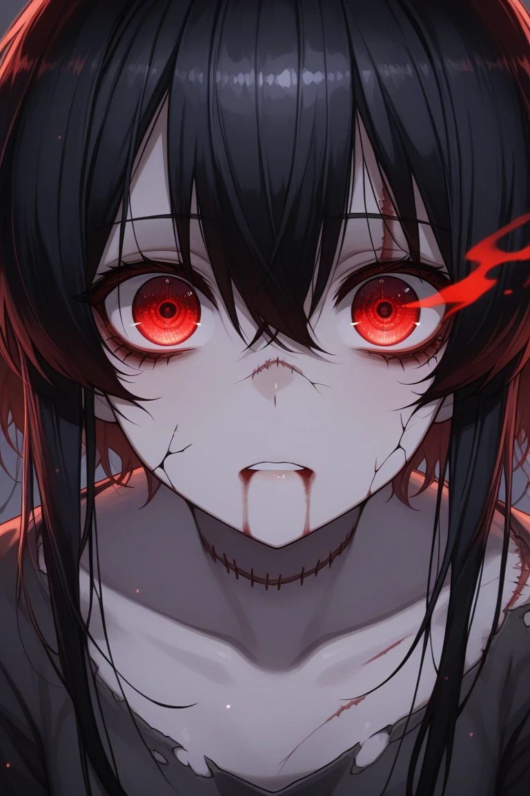 The image shows a bloody eye, full of madness and pain, with blood leaking from it, creating a dark, terrifying scene. The eye is unnaturally enlarged, hypnotizing and full of madness, which evokes the deepest fears in people. The whole thing is repulsive, but at the same time fascinating, drawing the viewer into a vortex of abstraction and chaos, where it is easy to get lost. This incredibly terrifying image attracts attention and does not allow you to look away, arousing anxiety and fear.
