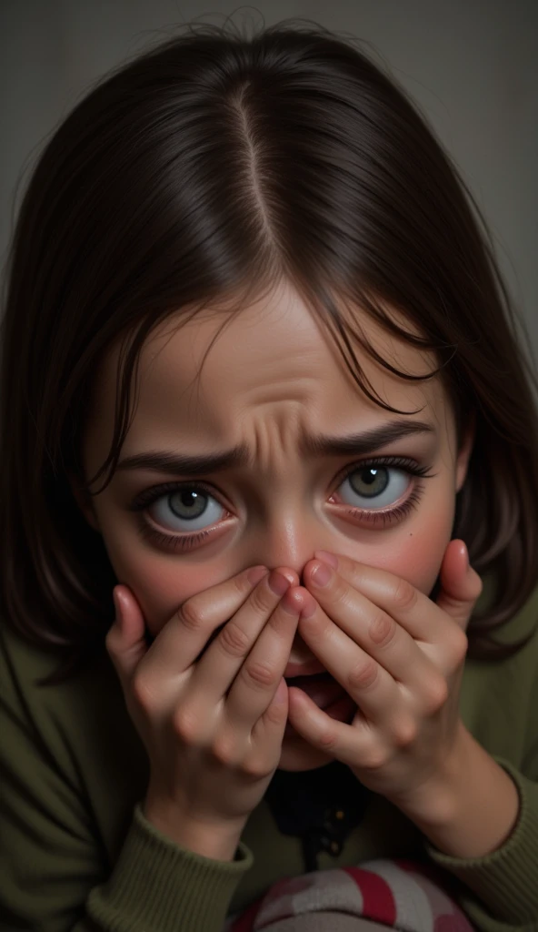 terrified orphan with hands on the mouth