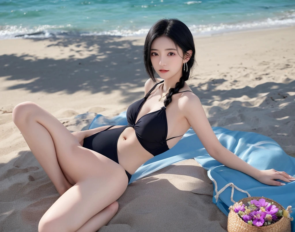 （hyperrealistic photo）， （A high resolution）， （8K），（beautiful eye quality）， （ultra - detailed）， one-girl，lying on beach bed((lie))，full-body portraits（1：1），blue long hair（（lightblue hair）），Vibrant smile((Hefty Smile))（（sexual excitement）），（（（（with her mouth open））），The corners of the mouth are raised，exposed teeth，（legs separated），sexual expressio，Large exposed breasts（Tall and fat），Thin chest and waist，White three-point mini swimsuit，to the crotch， looking at the camera in，landscape of a beach，（the underwear is transparent），bodyhair，， Hairy underarms， legs long, a slender waist， Upright toe bones well defined，beautiful attractive woman， 1 girl， Perfect beauty： 1.4， Slim abs： 1.1，， Super slim face， narrowed eyes， 二重まぶた，  facing at the camera，The middle view is