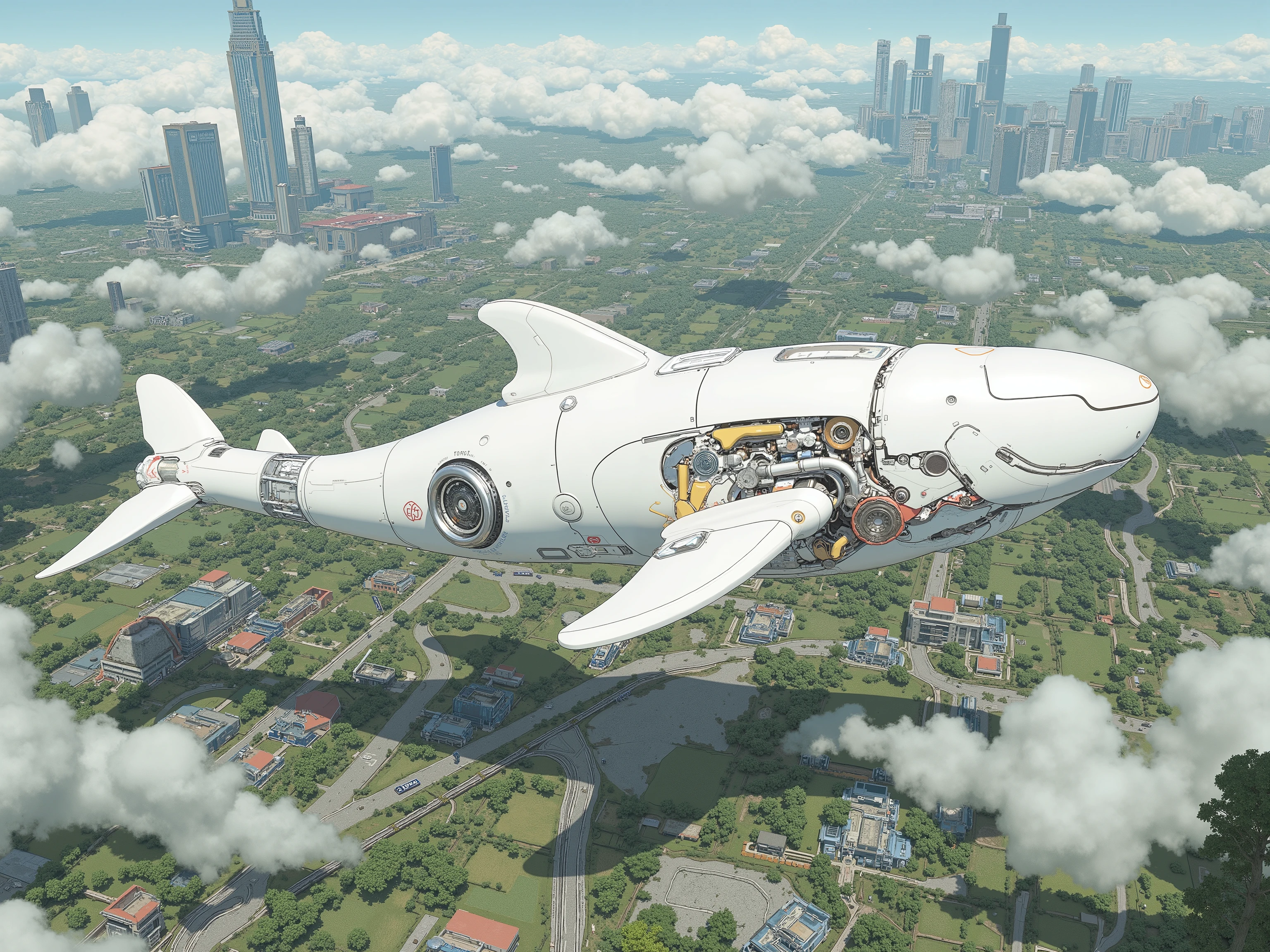 (masterpiece:1.3, top quality:1.3, detailed description:1.3, high quality:1.3),(1huge Robot whale\pearl white Metal body with large fins,highly detailed mechanic gears , Beautiful luster, beautiful metal details, precision machinery, moss growing, There are buildings and houses and parks and lakes and mountains, A cyber city, The city is depicted in crisp detail, (bird eye's side View:1.5), (A mechanical whale gracefully swims in sea of sky high, The cyber city depicted with extremely clear details, featuring skyscrapers and roads, whale swims in the sea of clouds)