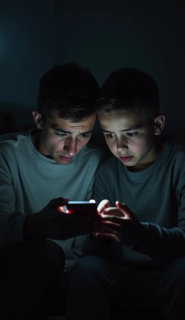 A boy watching his cell phone with a lot of brightness on the screen