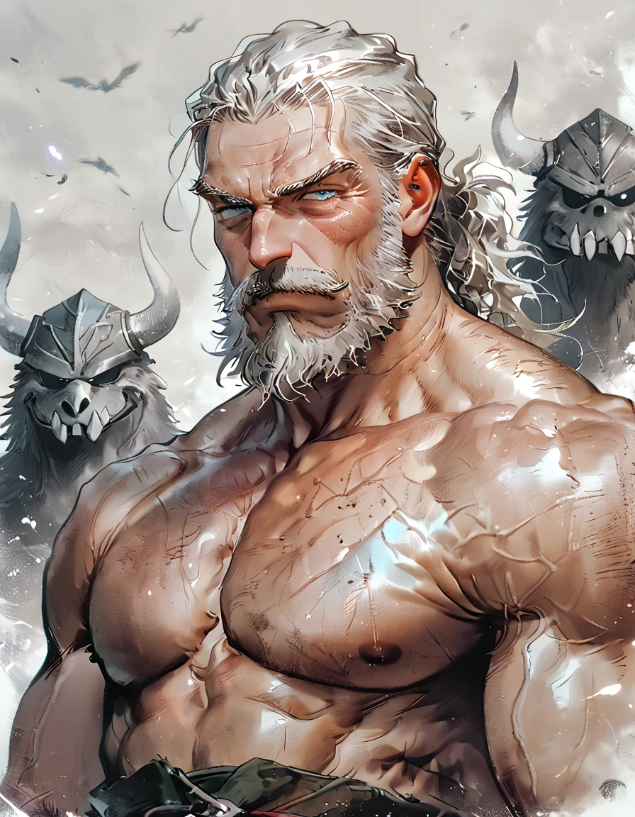 Aman, silver hair, golden eyes, muscular, naked, facial hair, furry,Long hair, hard look, thoughtful, naughty face, mischievous, bright Eyes, High resolution, masterpiece, anatomically correct, necessary, Awarded many times, The best quality, detail, Damaged, details altos, HD Model, quality, high quality, smile, White skin, gifted