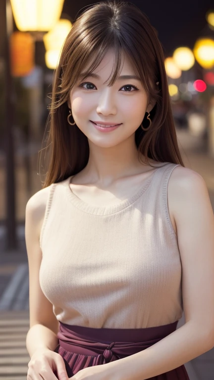 studio light, Depth of the bounds written, Upper body, thin, cute顔, smile, beautiful detail eyes, 19 years old Japanese, cute, Warm blonde voluminous curls, plaza, casual